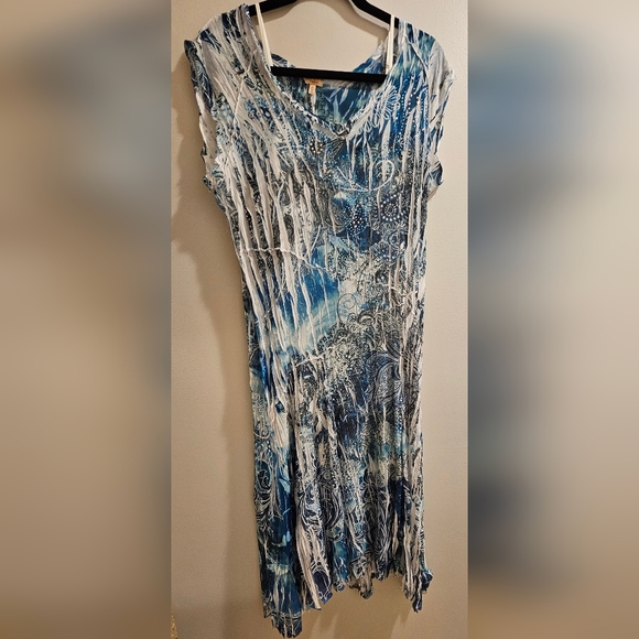 Reba Dresses & Skirts - NWOT Reba XL Pleated Rhinestone Blue & White Midi Women's Dress